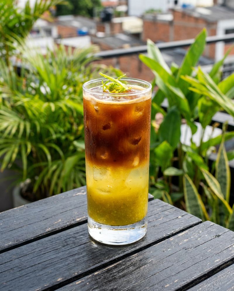 Iced coffee with tropical fruit