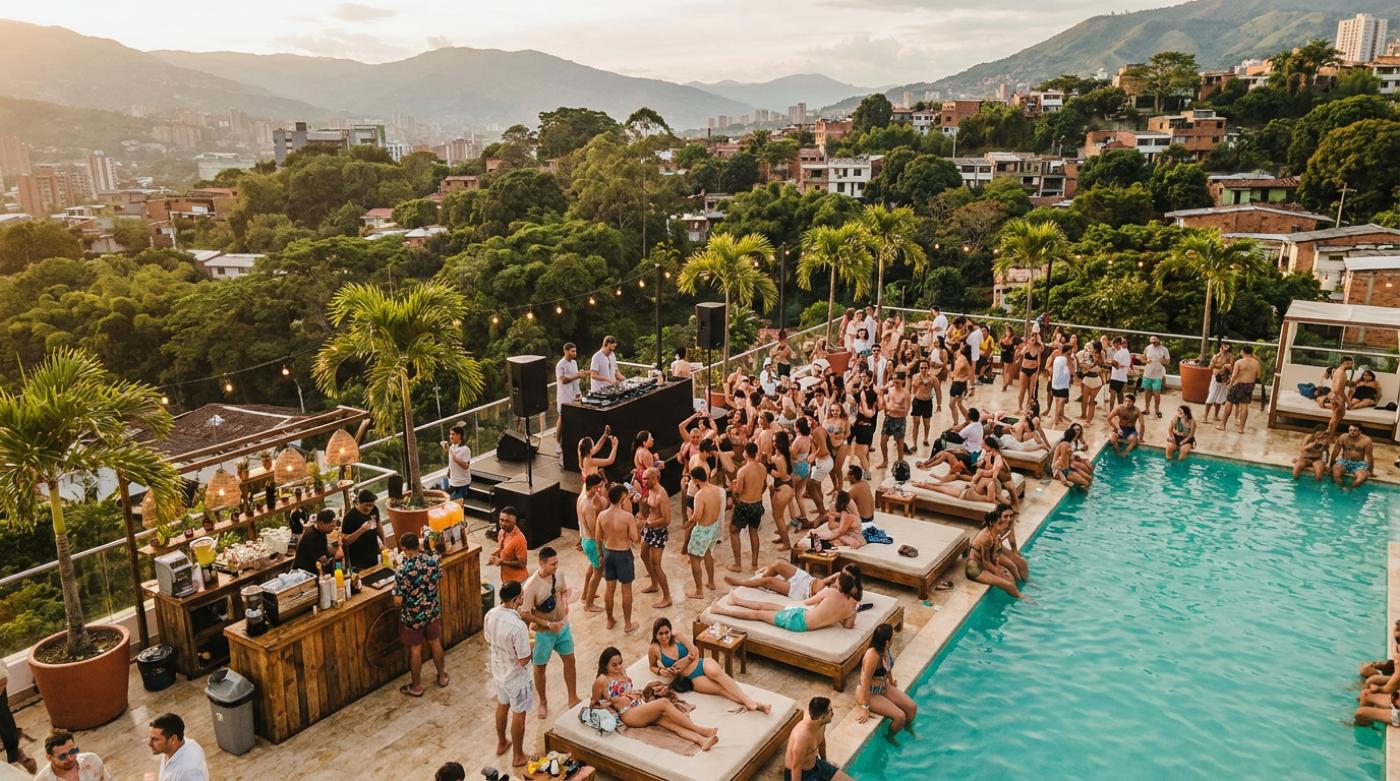 Pool party — aerial rooftop